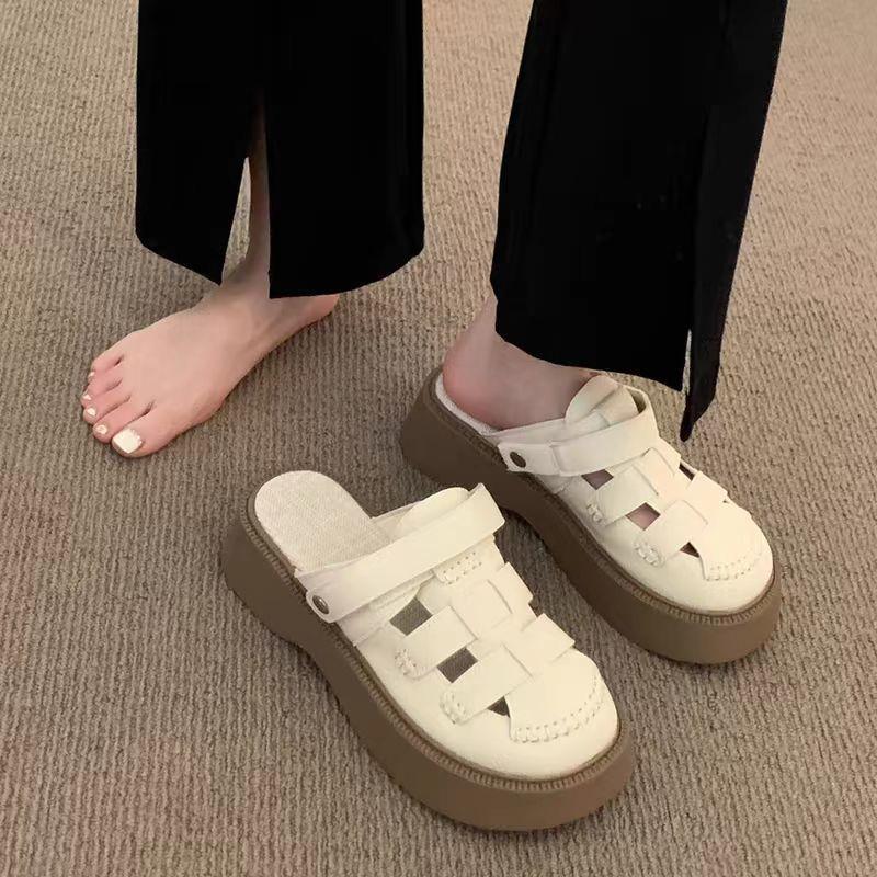 High-value Thick-soled Roman Sandals Women's Summer Baotou Half Slippers 2025 New Beach Cool Slippers Hole Shoes Tide