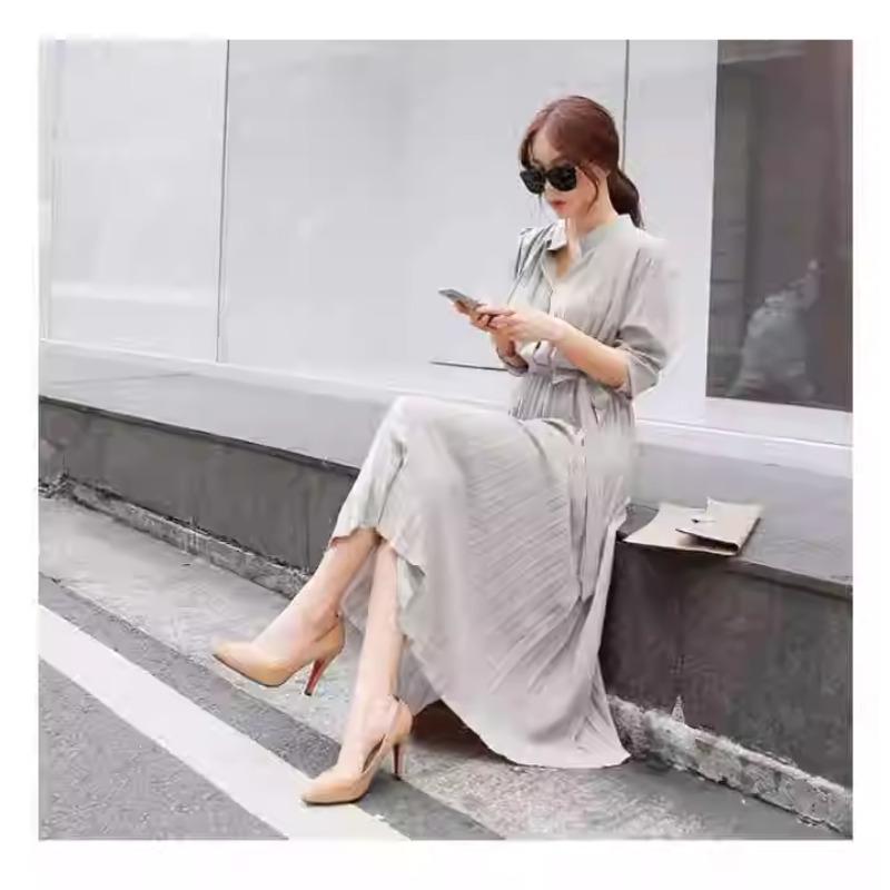 Платье с длинными рукавами, весна и осень, новинка, облегающая талия и тонкая темпераментная плиссированная юбка