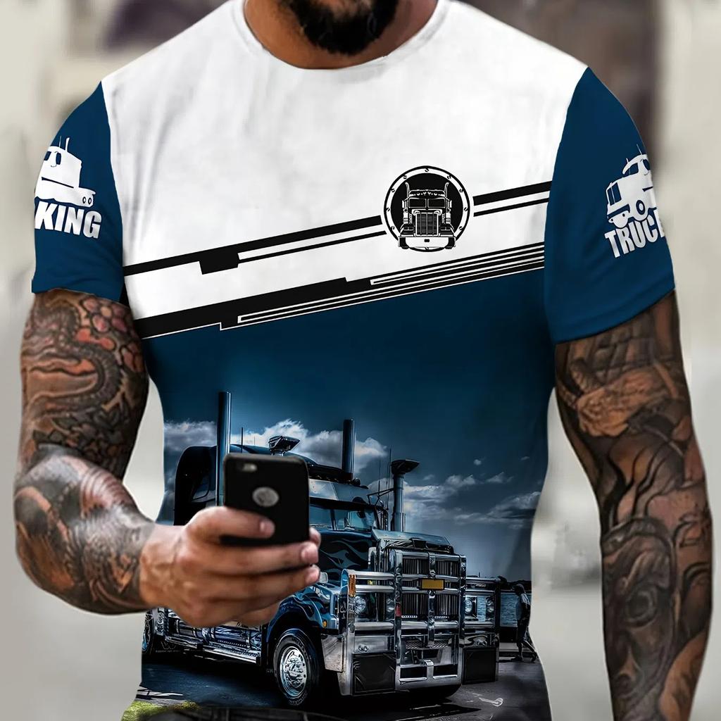 Plus Size Men's 3D Trucker Graphic Print T-shirt For Summer, Stylish Casual Short Sleeve Tees Outdoor Sports Tops