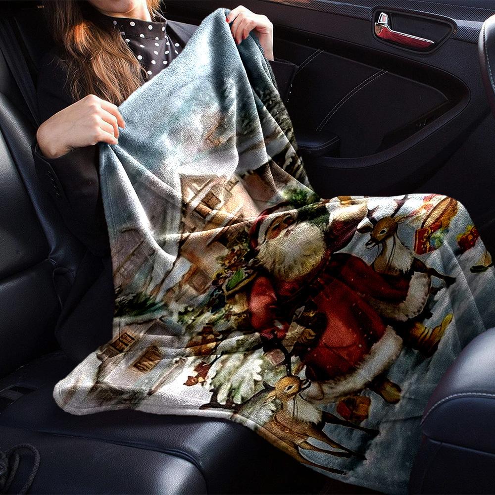 1pc Santa Claus, snowy village blanket Lightweight Flannel Throw for Sofa Bed Travel Camping Livingroom Office Couch Chair