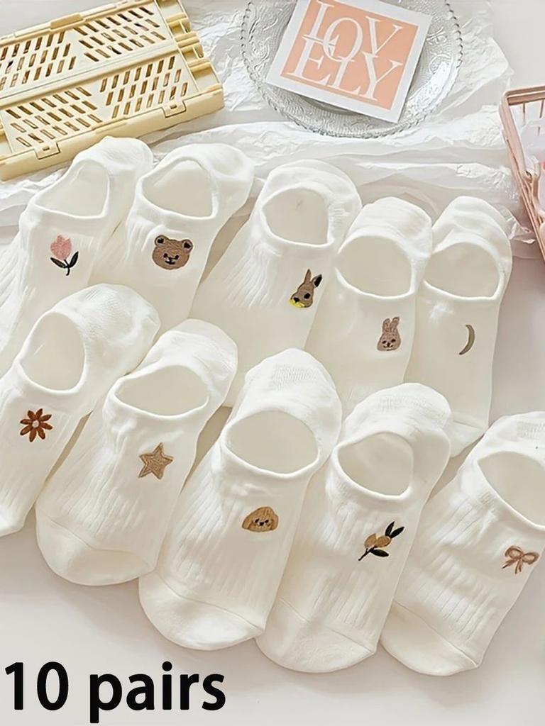 10 пар удобных и эластичных женских мультяшных носков до щиколотки - Невидимая смесь полиэстера/спандекса, Веселая вышивка