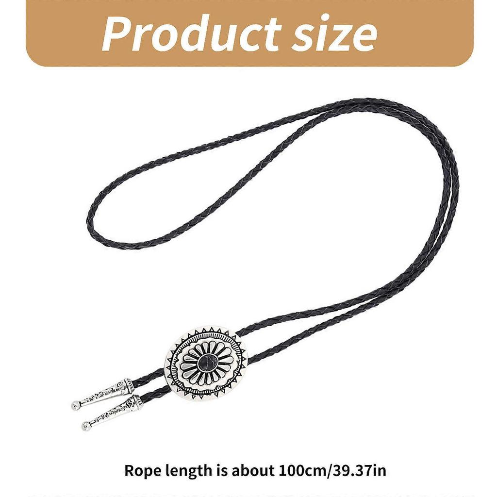 Cowboy Faux Leather Rope Bolo Tie Necktie With Tribal Metal Flower Stone Pendant Jewelry Necklace for Men and Women