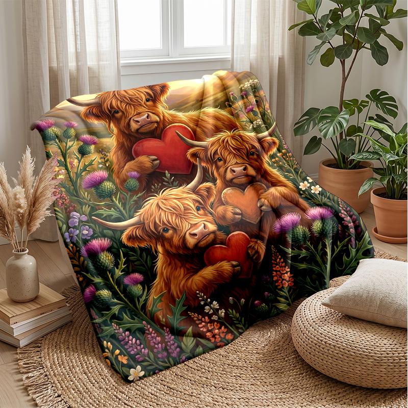 Highland Cows in Magical Forest Theme blanket Lightweight Warm Flannel Blanket Decorative Throw Blanket for Home Decoration