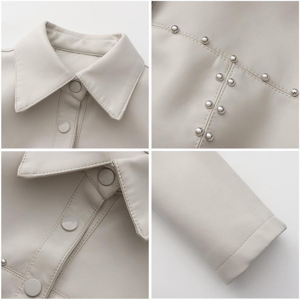 Fall Winter Women Lapel Collar Long Sleeve Slim Fit Zipper Pu Leather Jacket