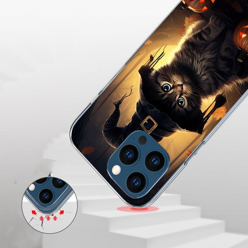 Black Kitten Halloween Pumpkin Phone Case For iPhone 17 Air 11 13 Mini 14 15 Plus 16 12 Pro Max 16E SE 7 8 Pattern Soft TPU Back