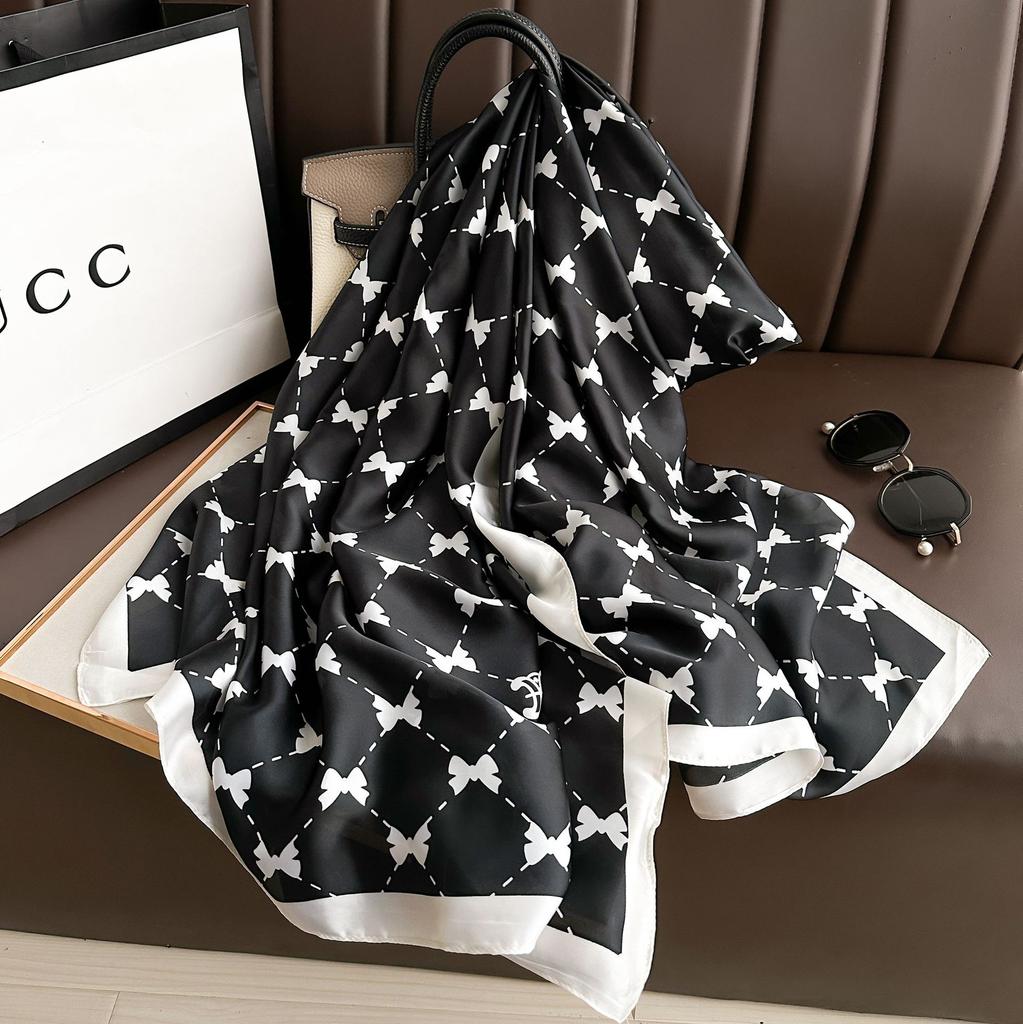 Свежий черно-белый шарф с принтом банта, весна и лето, тонкий шелковый шарф, кондиционер, комната снаружи, большой платок-шаль