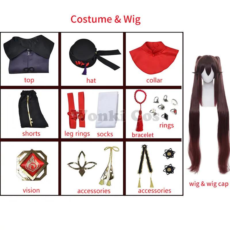 Game Impact Hutao Cosplay Costume Hu Tao Cosplay Wig With Hat Original Rings Double Ponytail Full Set