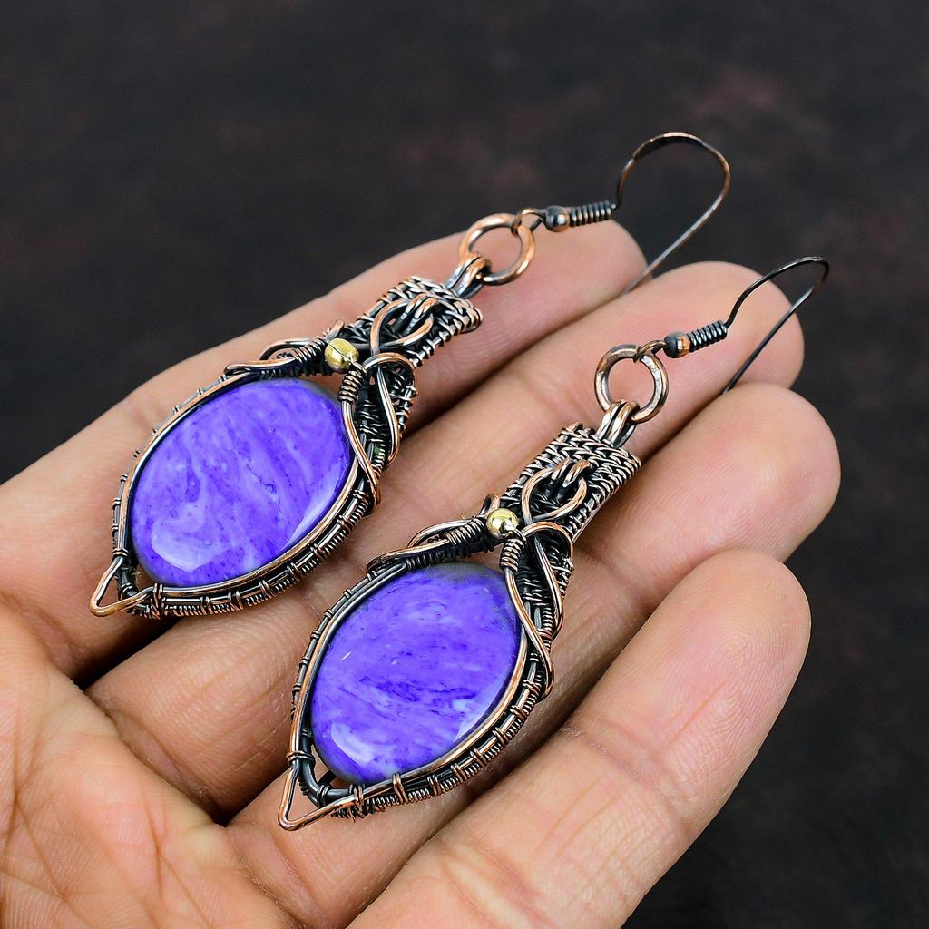 Charoite Earring Copper Wire Wrapped Earrings Charoite Handmade Jewelry Designer Earring Gemstone Earrings Gifts For Mom Copper Wire Jewelry