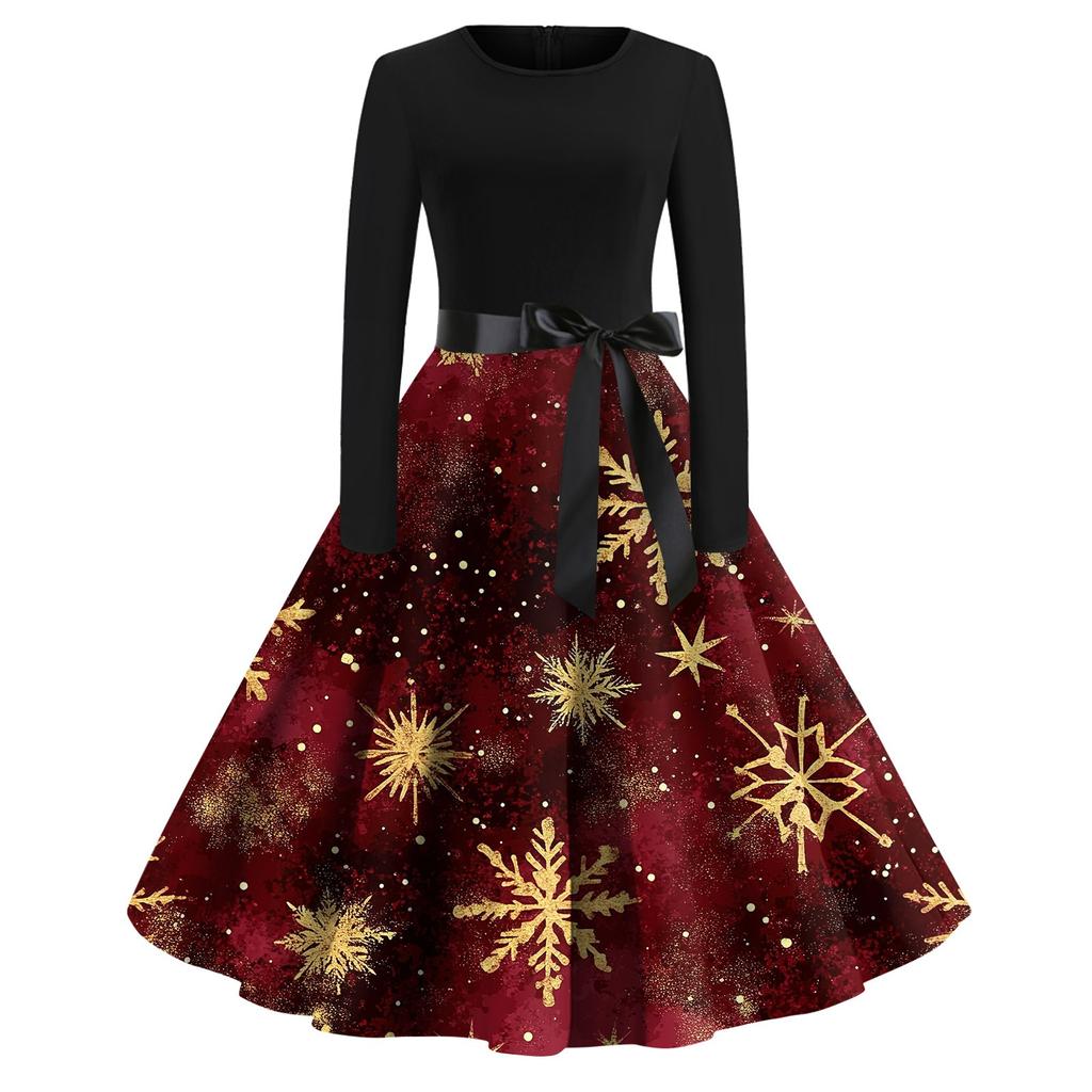 Women's Fashion Vintage Long Sleeve Round Neck Christmas Printed Party Gown Dress