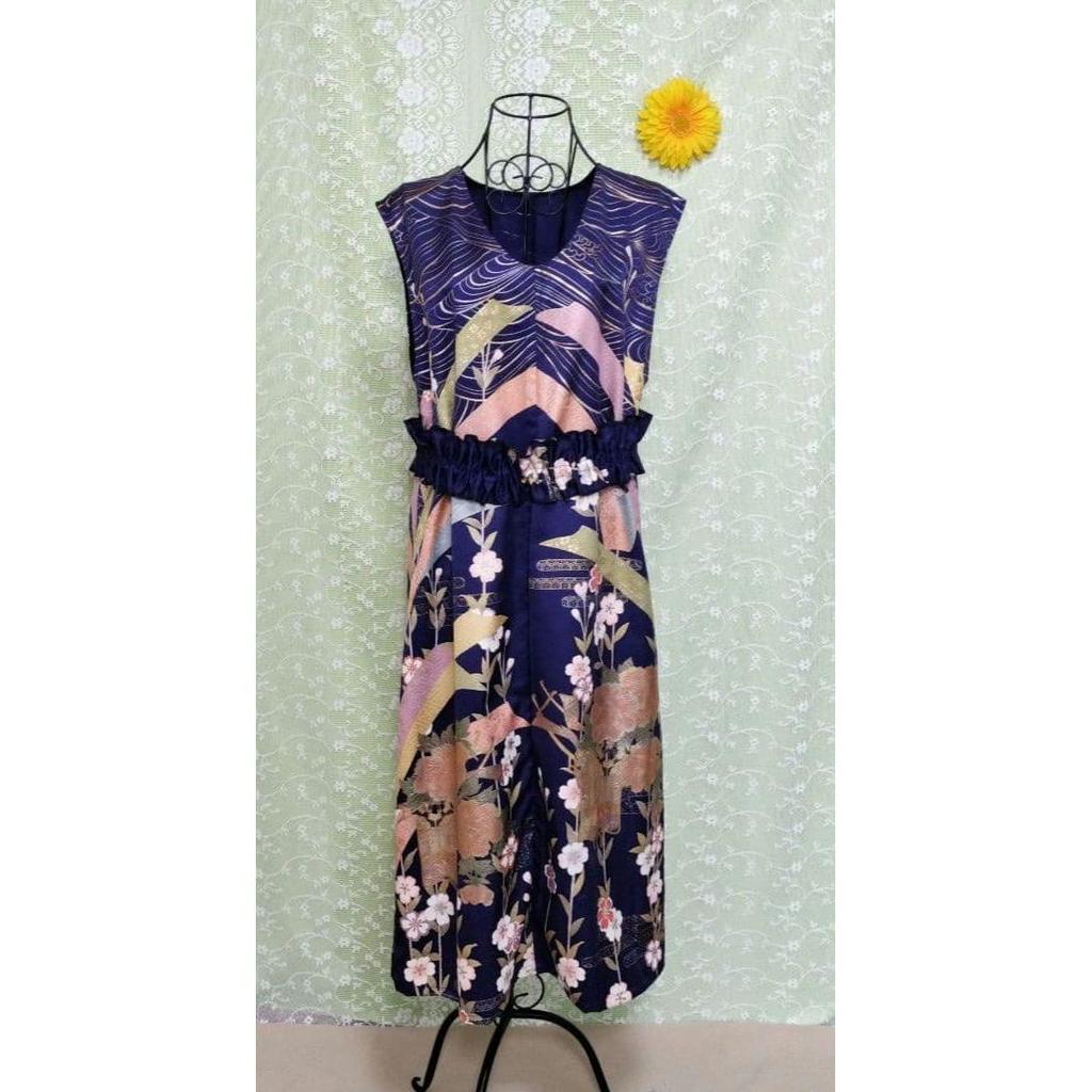 Used Handmade kimono remake, furisode remake, kimono dress, furisode dress, navy blue