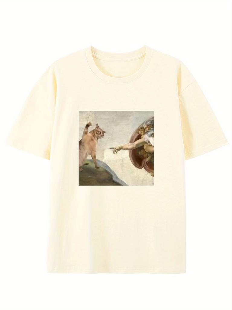 Humorous Cat and Adam Creation Parody Graphic T-Shirt Regular Fit Short Sleeve Pullover for Adult - Summer Casual Fashion Top