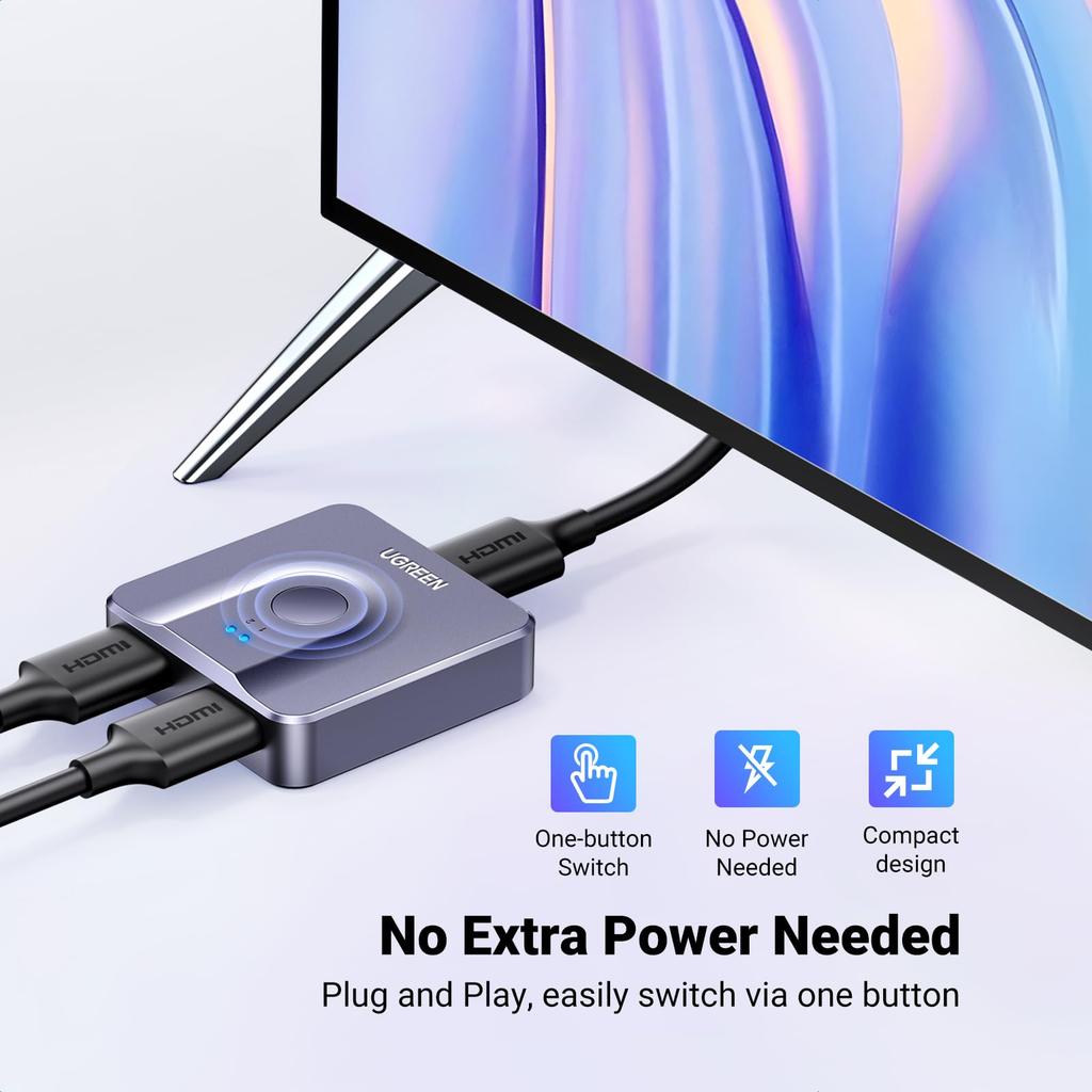 Ugreen HDMI Switcher 2 Input 1 Output HDMI Switcher HDMI Selector Bidirectional HDCP No Power Supply Required Suitable for TV Stick PC Player TV