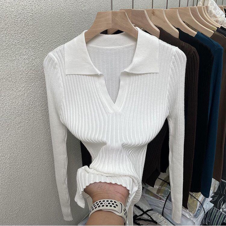 Autumn/winter Knitted T-shirt Women's Pullover Knit Sweater V-neck Polo Shirt Top Knitted Undershirt Women's Stretch Skinny Sweater Undershirt