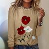 Spring and Autumn Round Neck 3D Flower Printed Top Casual Long Sleeved Women's T-shirts - Soft Medium Stretch Polyester Fabric Relaxed Fit Clothing