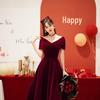 Off-the-Shoulder Wine Red Evening Dress for Plus-Size Brides, Petite, and Pregnant Women - Covers Belly