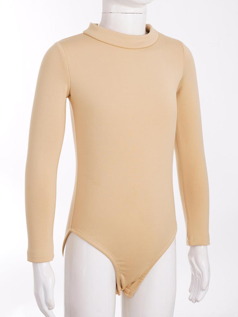 Nude Kids Girls Fleece Long Sleeve Leotard Solid Color Bodysuit Gymnastics Ballet Dance Training Costume