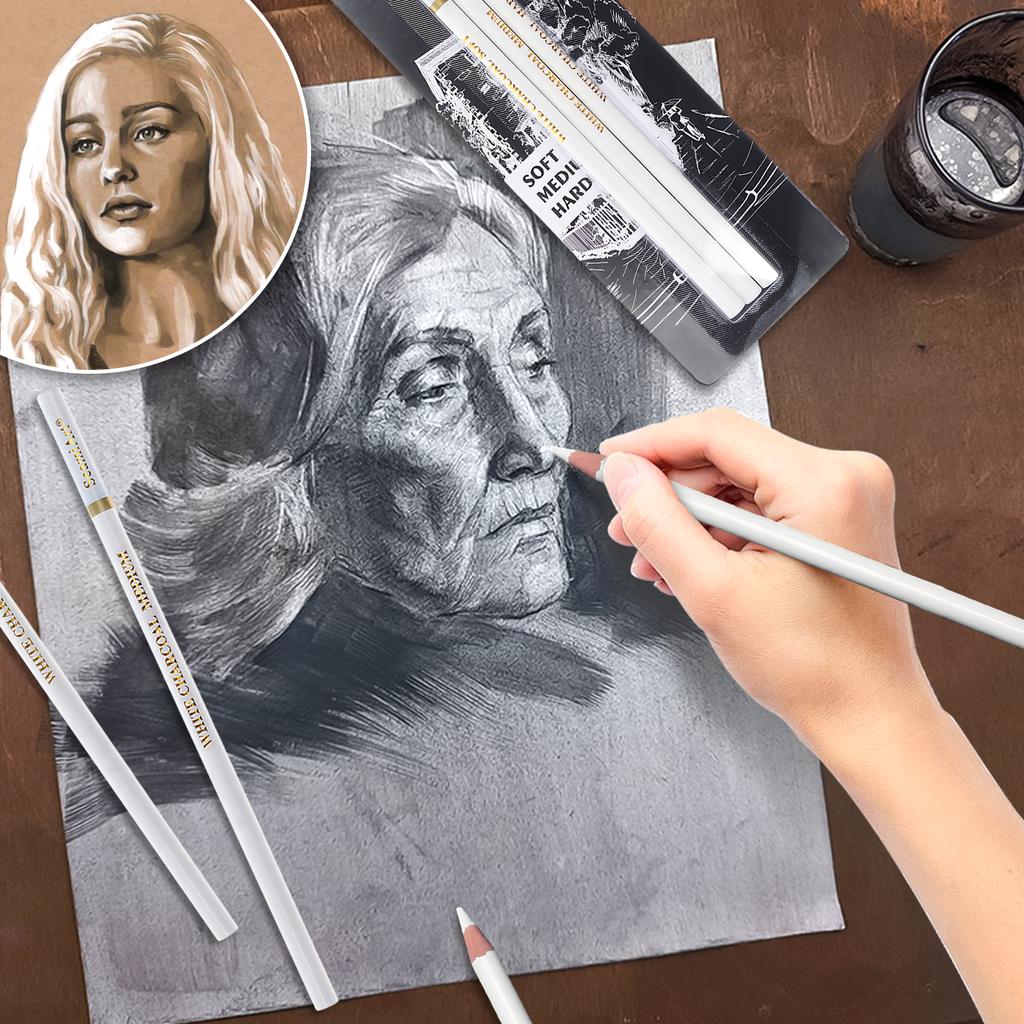 3 шт. белые заточенные карандаши для рисования, живописи, гладкие, профессионального класса, прочные, с грифелем, хайлайтер, угольные карандаши