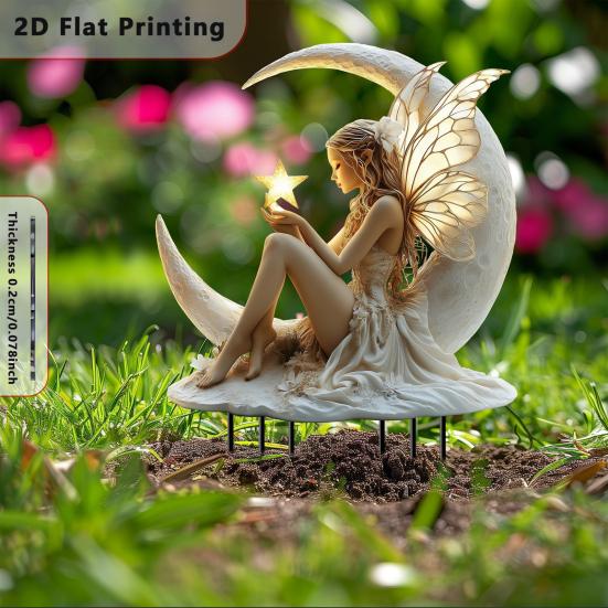 Акриловый садовый колышек с луной и феей, атмосферостойкое уличное украшение для двора, газона, патио, дорожки, убывающая луна, колышек с эльфом, палочка, орнамент