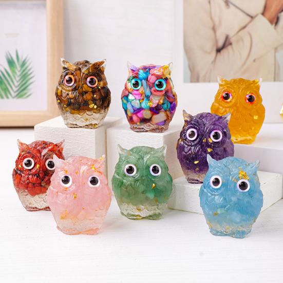 Natural Crystal Owl Ornament Handcrafted Resin Owl Figurine with Crystal Gravels Inside