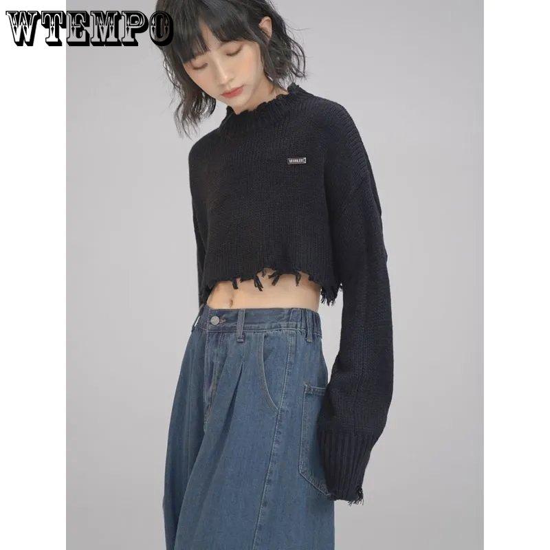 Cropped Knitted Pullovers Women Long Sleeve O-Neck Short Sweaters Girl's Solid Color Casual Irregular Jumpers Streetwear