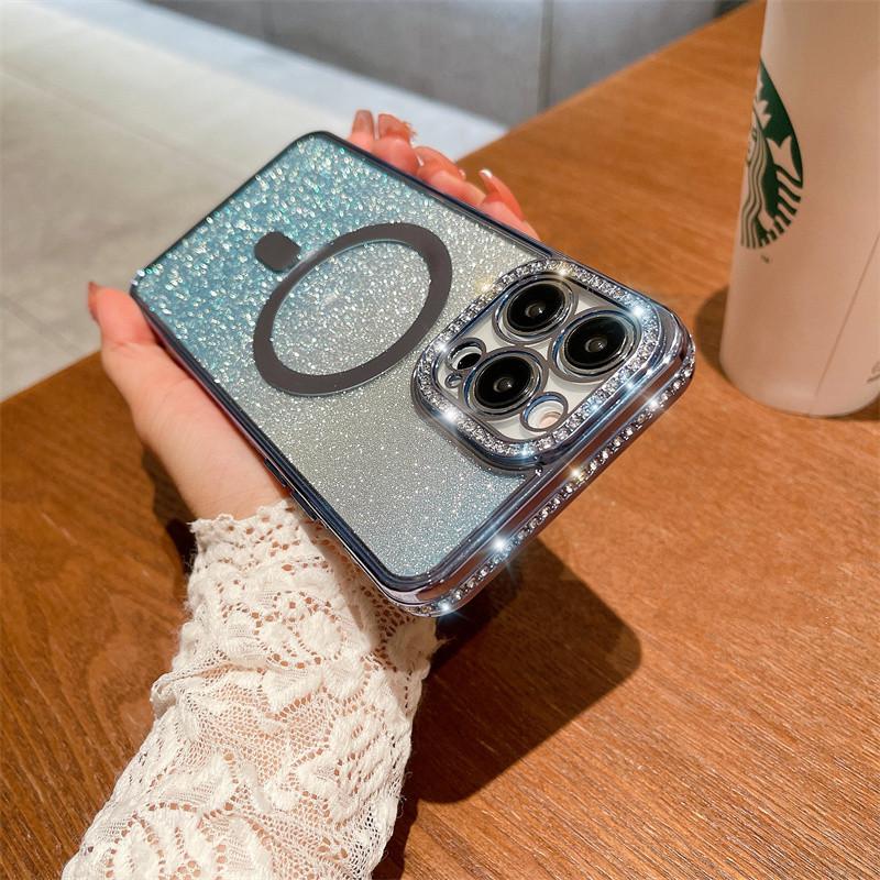 Luxury Fashion Electroplating Gradual Glitter Diamond Magnetic Phone Case For iPhone 15 14 13 12 11 Pro Max Shockproof Cover For iPhone 14 13 12 11