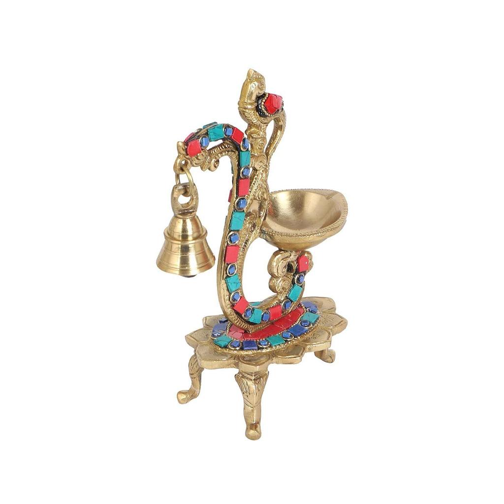 Gemstone Work Ethnic Carved Peacock Design Brass Diya with Bell, Brass Antique Oil Lamp, Brass Diyas for Home, Latest