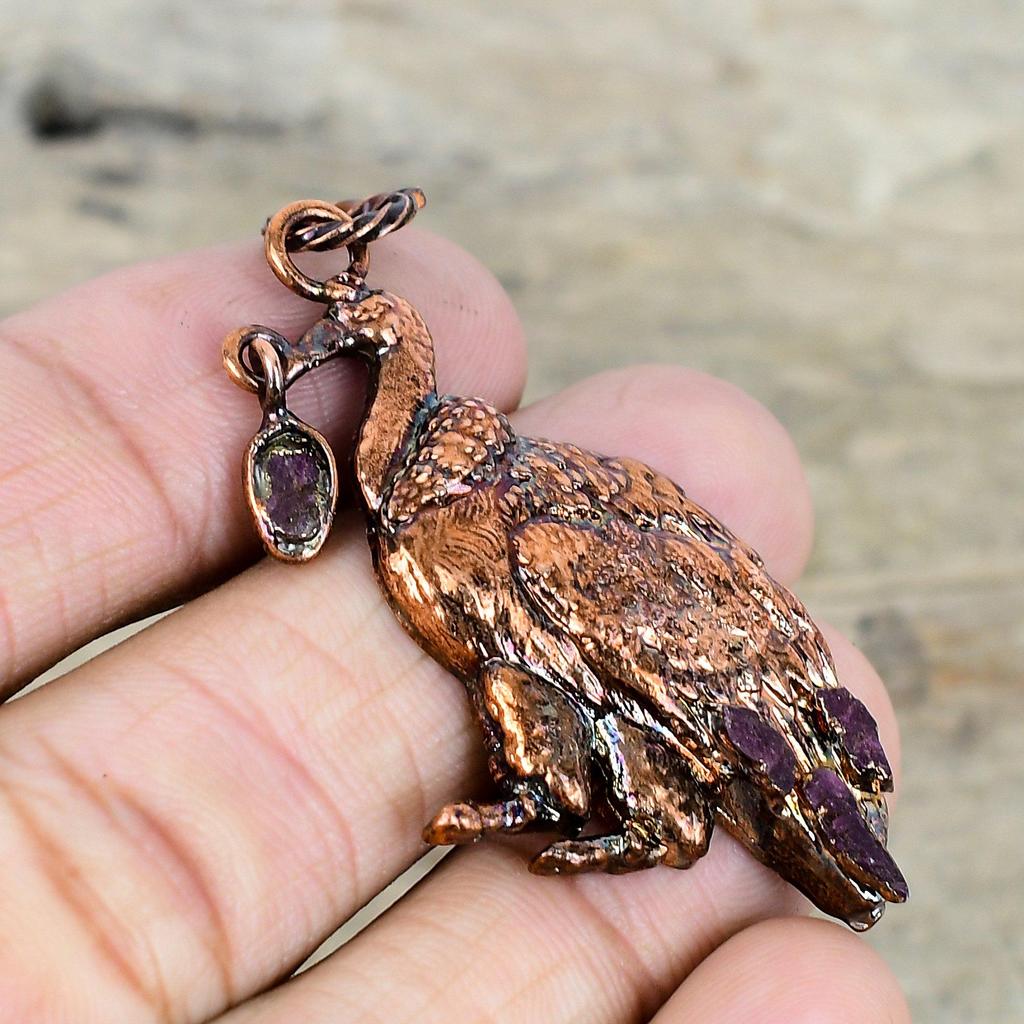 Pink Tourmaline Rough Pendant Electroformed Copper Pendant Peacock Jewelry Gemstone Pendant Handmade Jewelry Gifts for Wife Designer Pendant