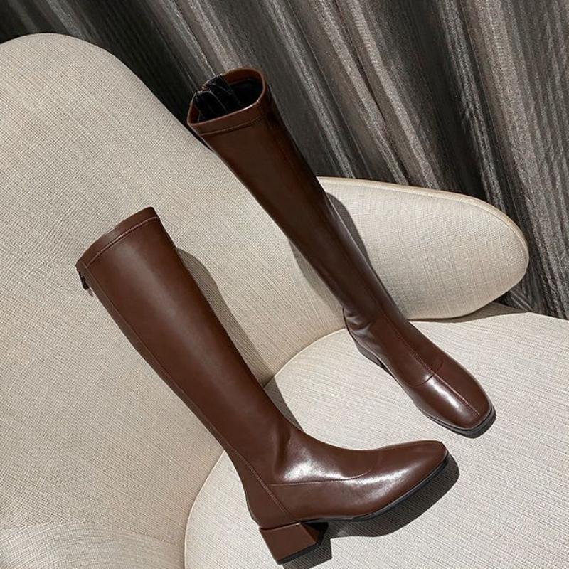 Модные женские сапоги Черные туфли с квадратным носком для женщин Длинные зимние сапоги до колена Средний каблук Обувь Качество Гару 2024 Новинка Весна