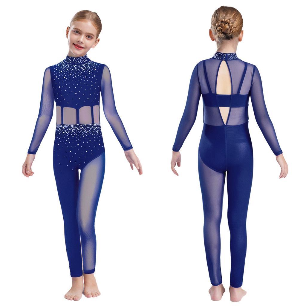 Girls Dance Performance Jumpsuit Full Body Leotard Long Sleeve Mock Neck Mesh Patchwork Keyhole Back Bodysuit