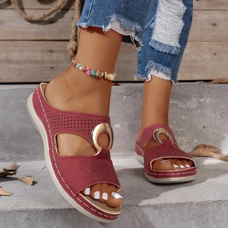 Women's Slip On Platform Wedge Open-Toe Sandals Retro Metal Buckle Summer Beach Casual Slippers Comfortable Ladies Shoes