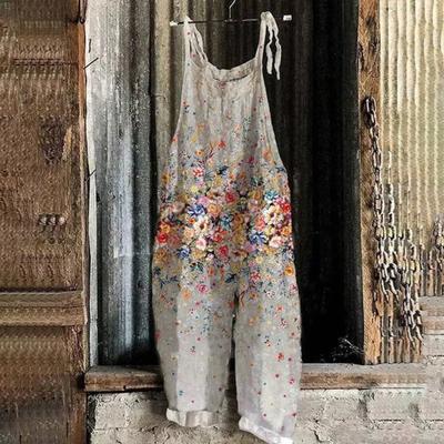 Женский комбинезон на шнуровке, свободный ретро-комбинезон с цветочным принтом, глубокая промежность, глубокая подмышка, открытая спина, повседневная одежда, повседневный комбинезон на подтяжках