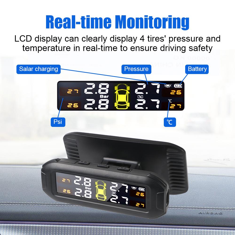 Система контроля давления в шинах Вращающаяся конструкция Солнечная система TPMS Автомобильный монитор давления в шинах Предупреждение о температуре Экономия топлива с 4 внешними датчиками