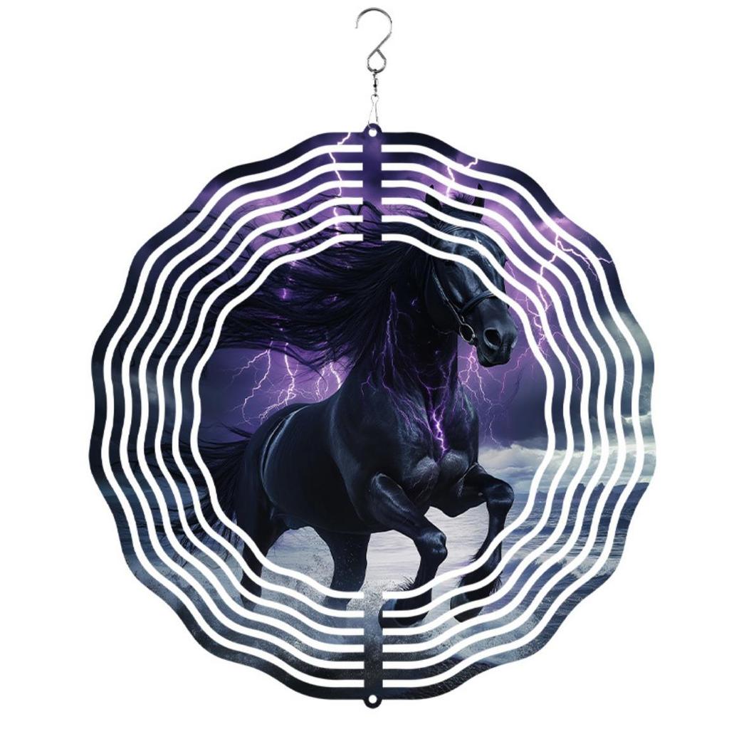 10-Inch Black Horse Wind Spinner - 360° Rotating Metal Garden Art, Outdoor Wind Chime Decor with Rust-Proof Hook for Yard, Patio, or Door Hanging