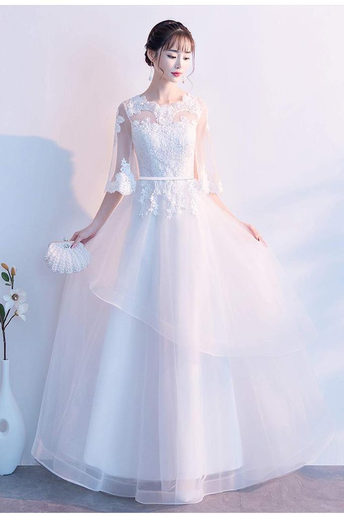 Милое свадебное платье для вечеринки, платье невесты с длинным белым платьем размера [Ominefans], платье в стиле принцессы, рукава, платье, (Белый удлиненный А-силуэт, M)