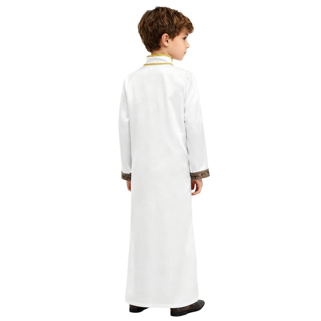 Boys Arab Gown Islamic Robe Long Sleeve Stand Collar Gold Embroidery Maxi Kaftan Festival Holiday Costume