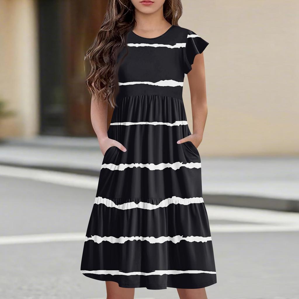 Детская юбка с круглым вырезом, плиссированная, с коротким рукавом, юбка принцессы, модное повседневное платье с карманами для девочек