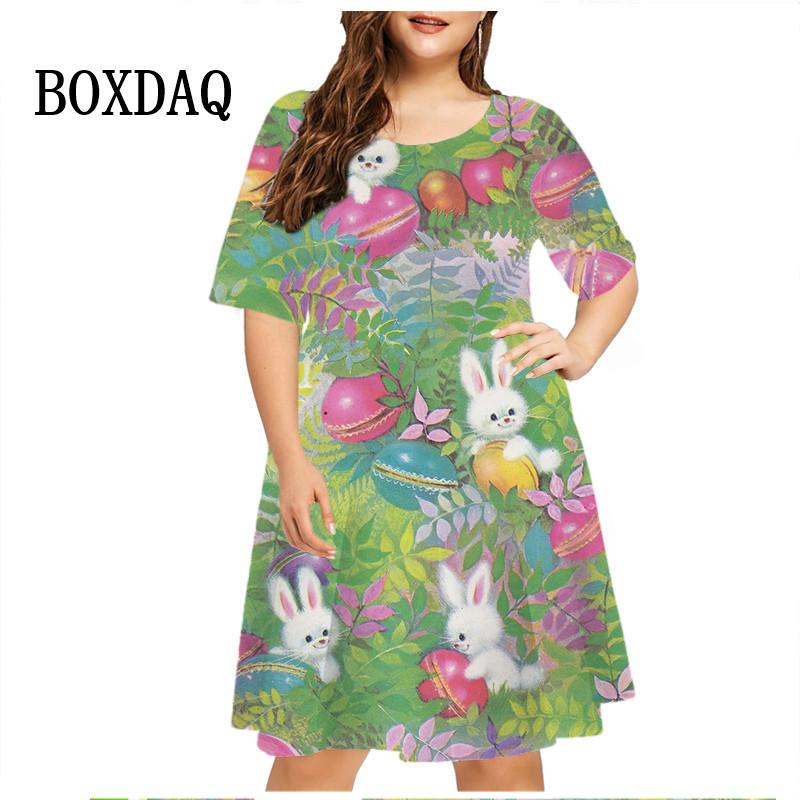 3D Cartoon Rabbit Print Dress Easter Egg Dress Women Short Sleeve Fashion Kawaii Casual Dresses Party Oversized Women Clothing