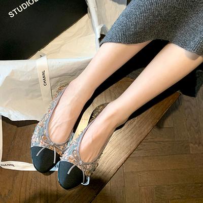 Весна 2025 французский твид на плоской подошве одинарные туфли бант сочетание цветов женская обувь с неглубоким вырезом на толстом каблуке дышащая увеличивающая рост