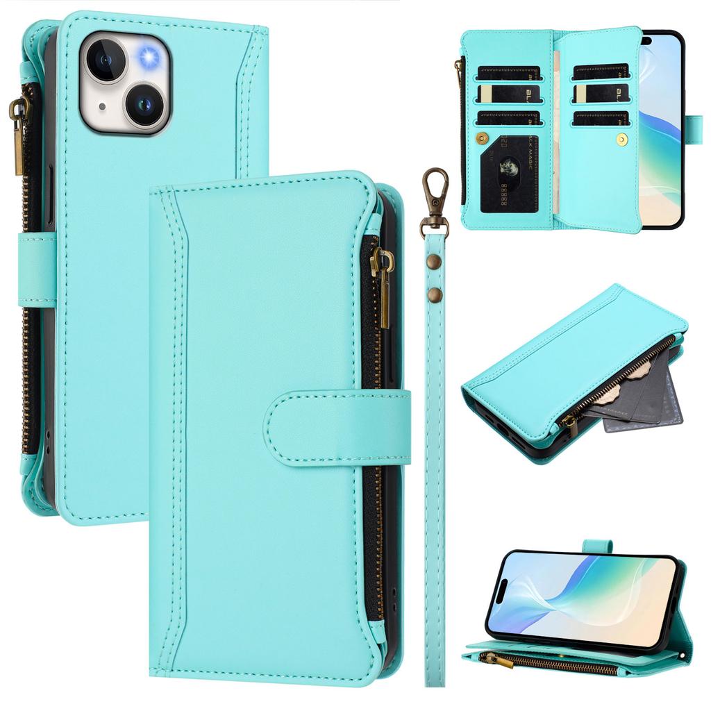 For iPhone 15 Leather Case 9 Card Slots Zipper Wallet Stand Phone Cover with Wrist Strap
