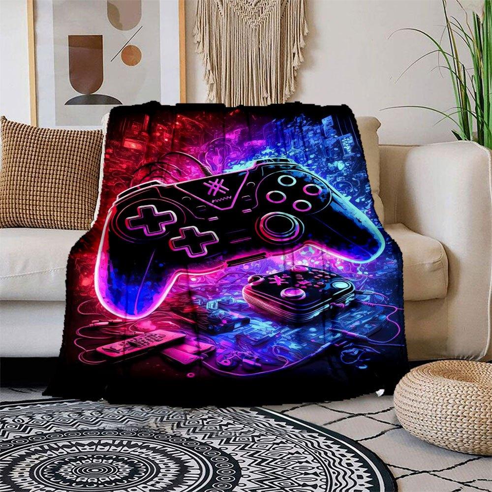 "Neon Gaming Controller: Vibrant Retro Style"Blanket Flannel Throw Blanket for Sofa, Bed, Travel, Camping, Office, Couch, Chair, And Bed Gif