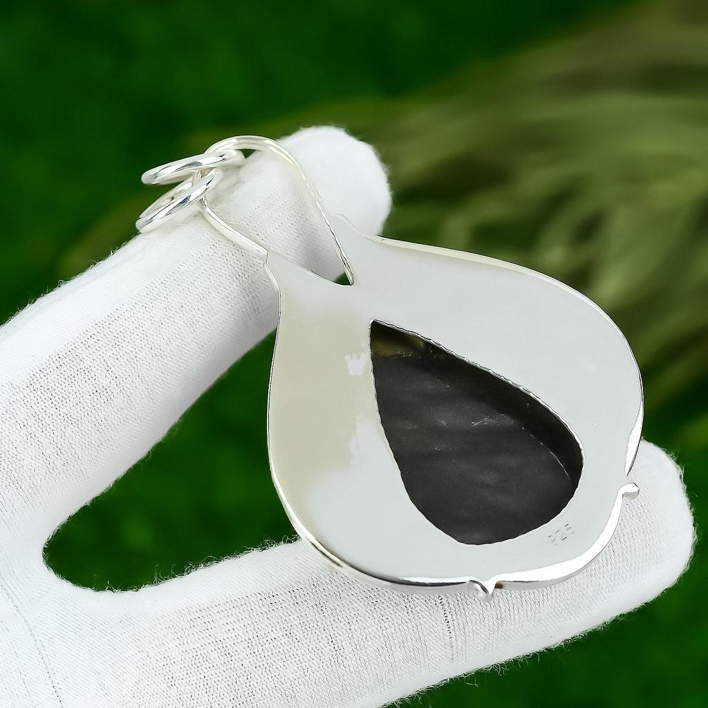 Sterling Silver Pear Silver Sheen Obsidian Stone Bezel Birthday Pendant Jewelry