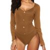 Женский комбинезон на пуговицах с длинным рукавом и глубоким U-образным вырезом на спине, однотонный, тонкий, с глубоким V-образным вырезом, повседневный боди