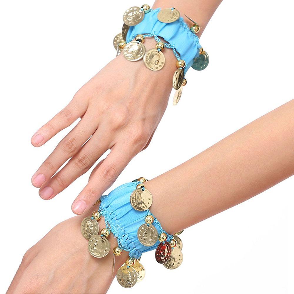 1 пара браслетов на запястья и лодыжки для танца живота, шифоновые, с золотыми монетами, браслеты-погремушки, аксессуары для костюма для танца живота
