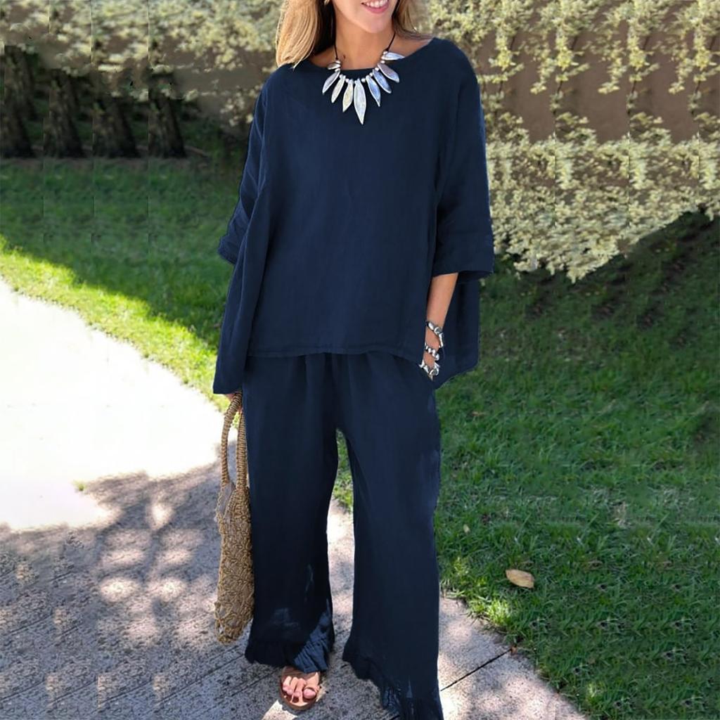 Новые осенние женские однотонные свободные повседневные брюки из хлопка и льна, костюм из двух предметов
