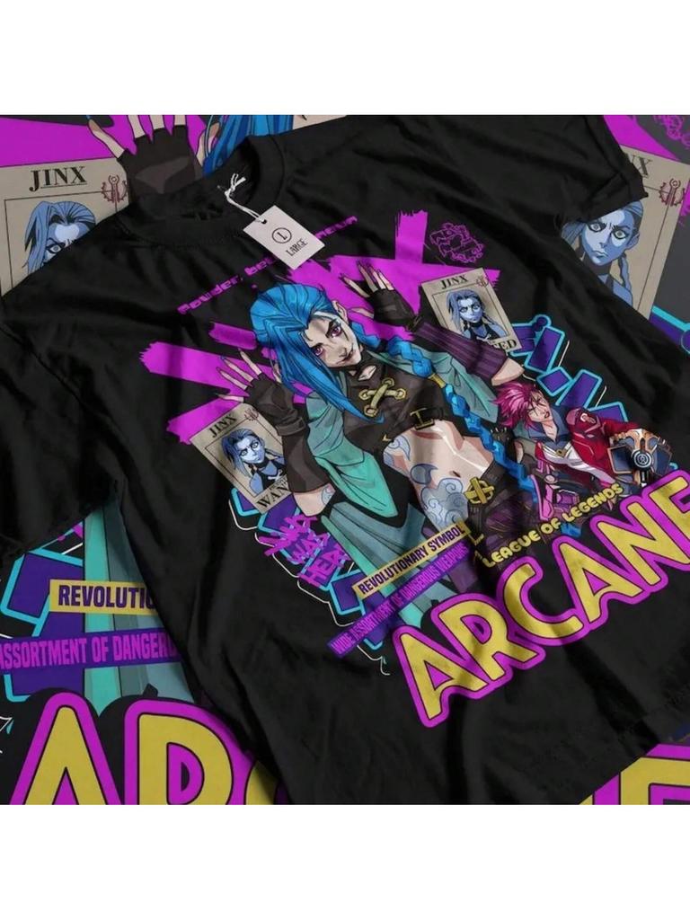 Jinx Arcane Vi T-Shirt Japanese Anime Cartoon Jinx Arcane Graphic Tee All Size