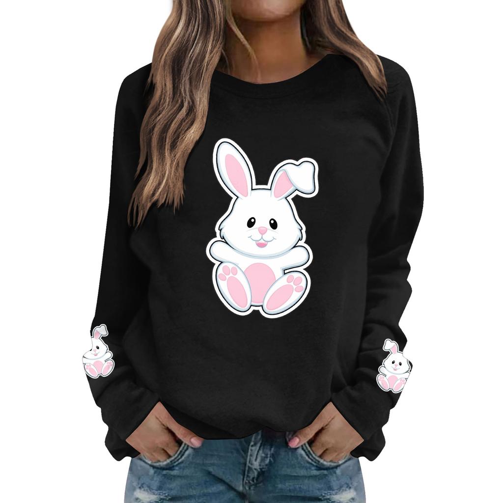 Женская мода повседневная толстовка с длинным рукавом и круглым вырезом с принтом пасхального кролика