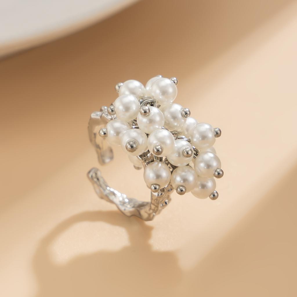 Baroque Heterosexual Pearl Alloy Set Ring Light Luxury Geometric Metal Hollow Finger Ring