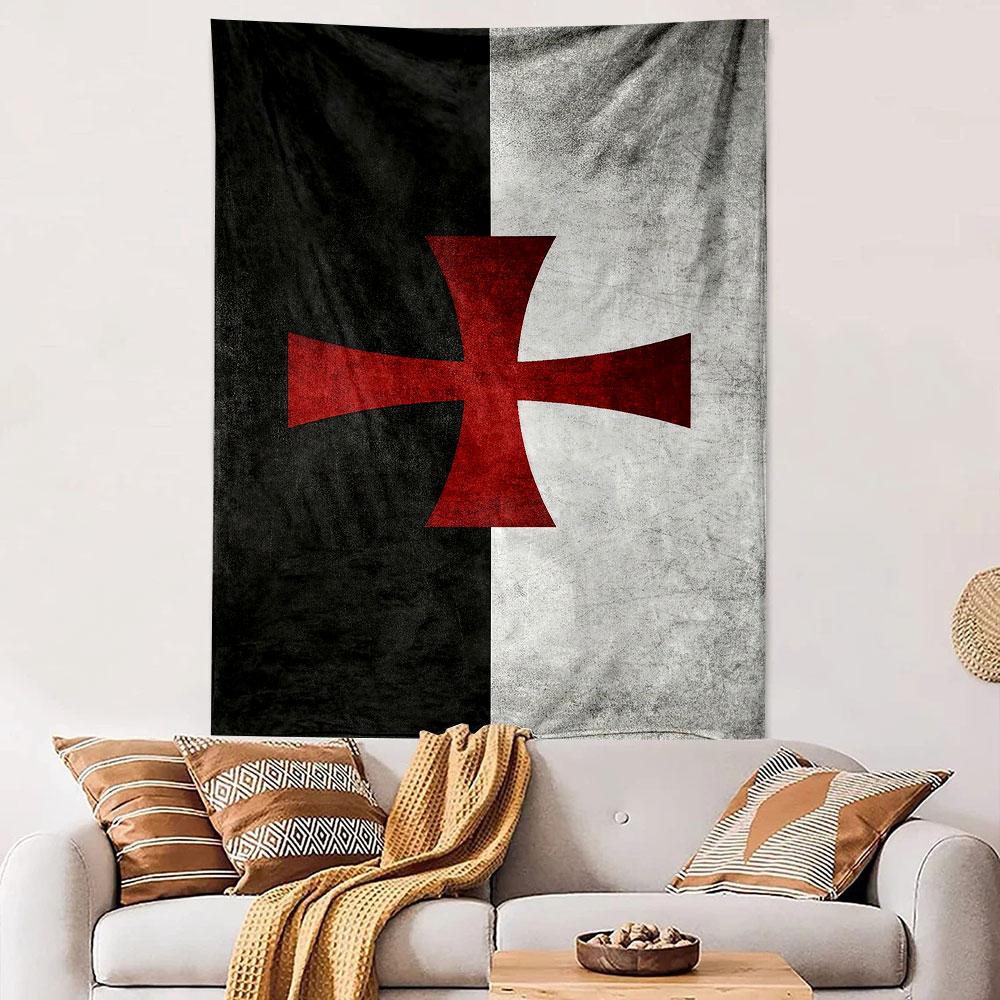 Red Templar Cross on Black and White Patterned tapestry home decor, suitable for bedroom and living room, gift