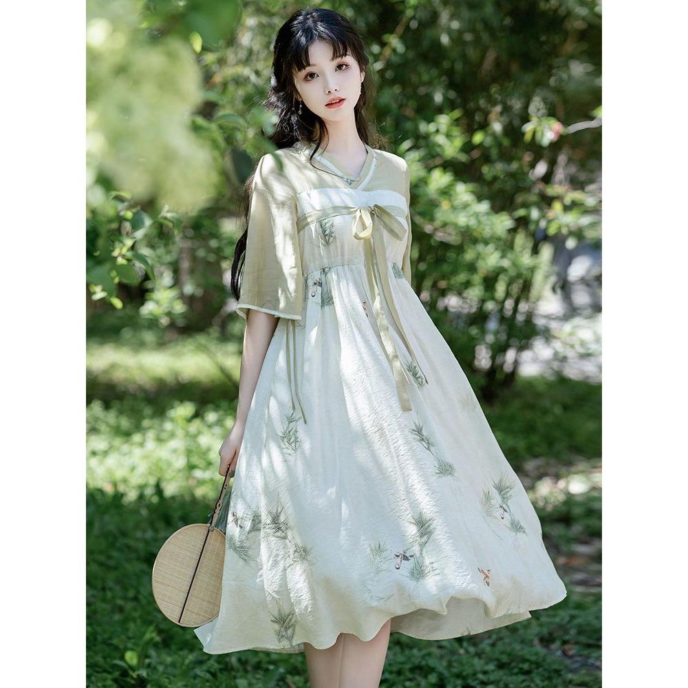 Летнее свежее художественное улучшение в китайском стиле Хань Элемент V-образным вырезом Фея Платье
