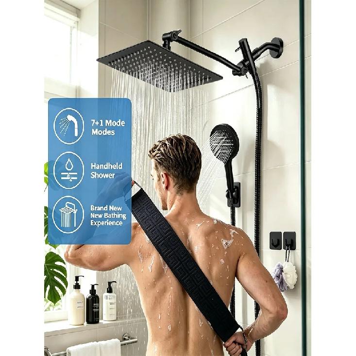 Complete Adjustable Shower Set, 8 Inch Ceiling Shower Head & 5.51 Inch Large Panel Handheld Shower, 8‑Mode Hand Shower With Spray Gun Function,